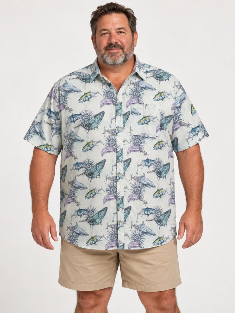NWT Psycho Tuna Finback Fish Print Fishing Shirt Mens XXL Off White Short Sleeve